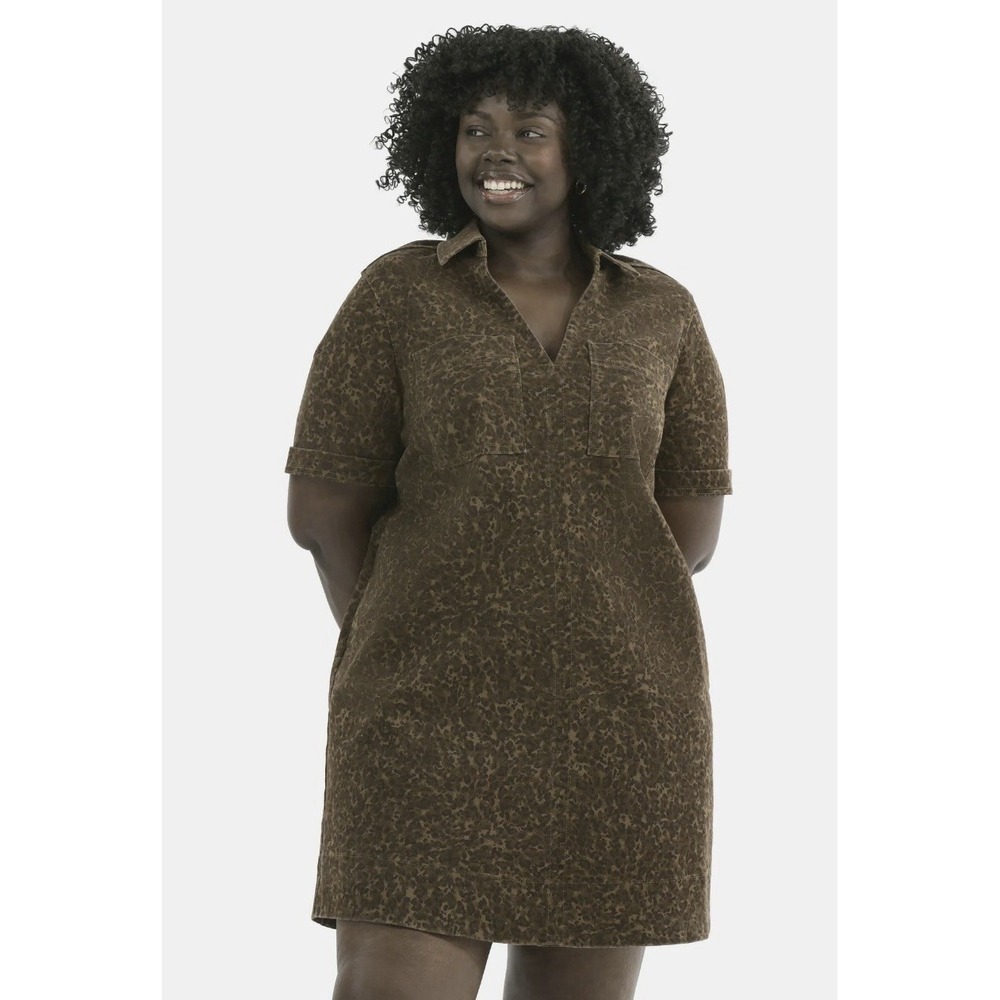 Terra & Sky Women Plus Size 0X Denim Leopard Print Shirt Dress Olive Brown